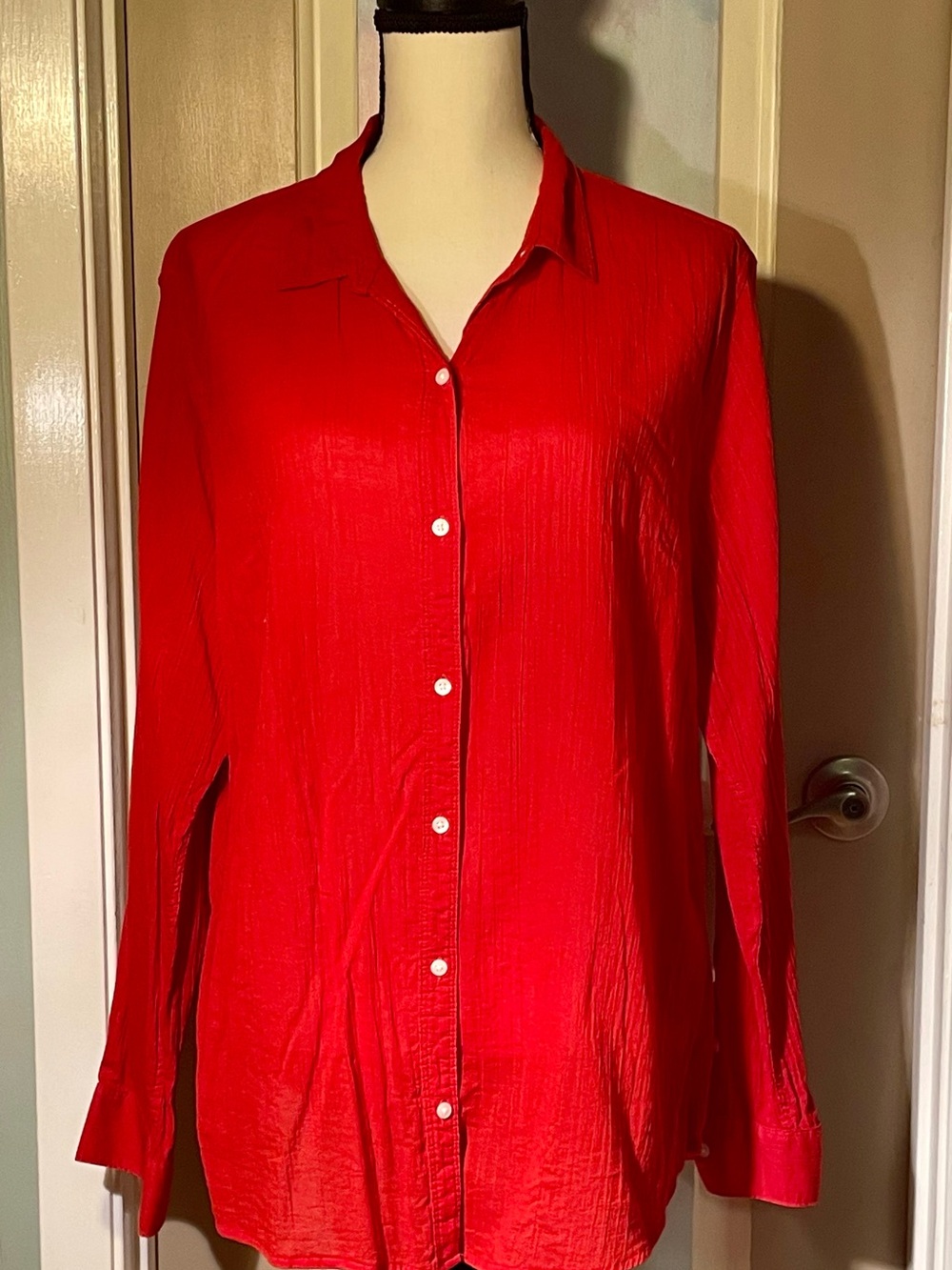 Red Button-Front Women’s Shirt - Classic Collared Top